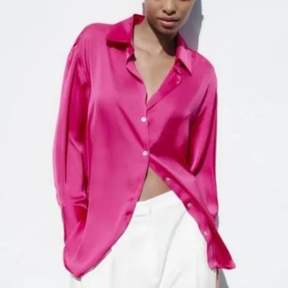 Zara Hot Pink Fuchsia Satin Effect French Cuff Button Down Blouse Top Size L